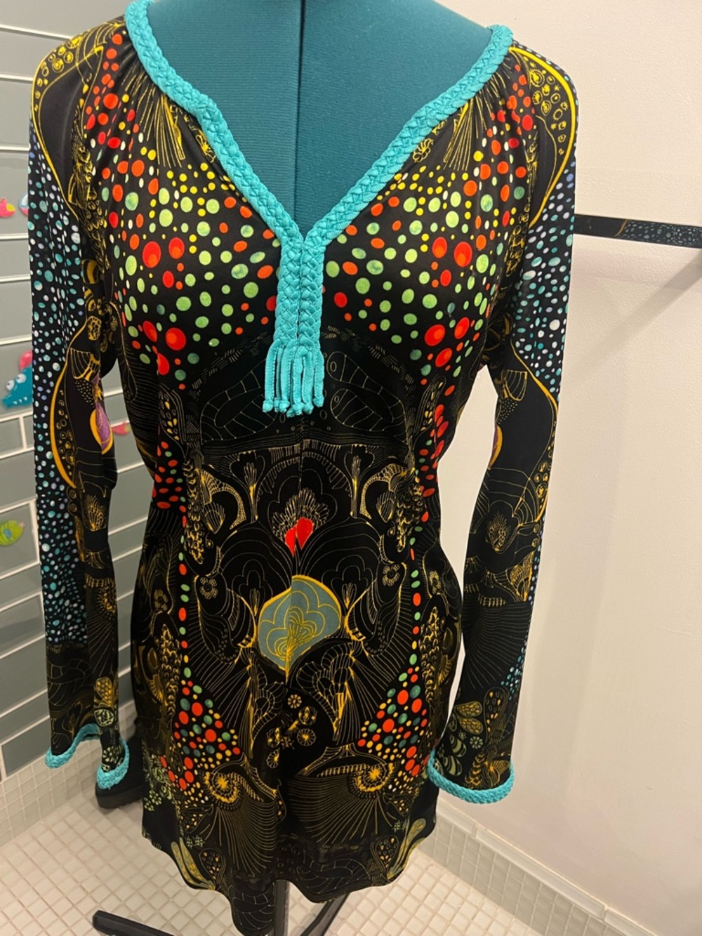 Custo Barcelona Black dress with Teal Trim and Multicolor Accents